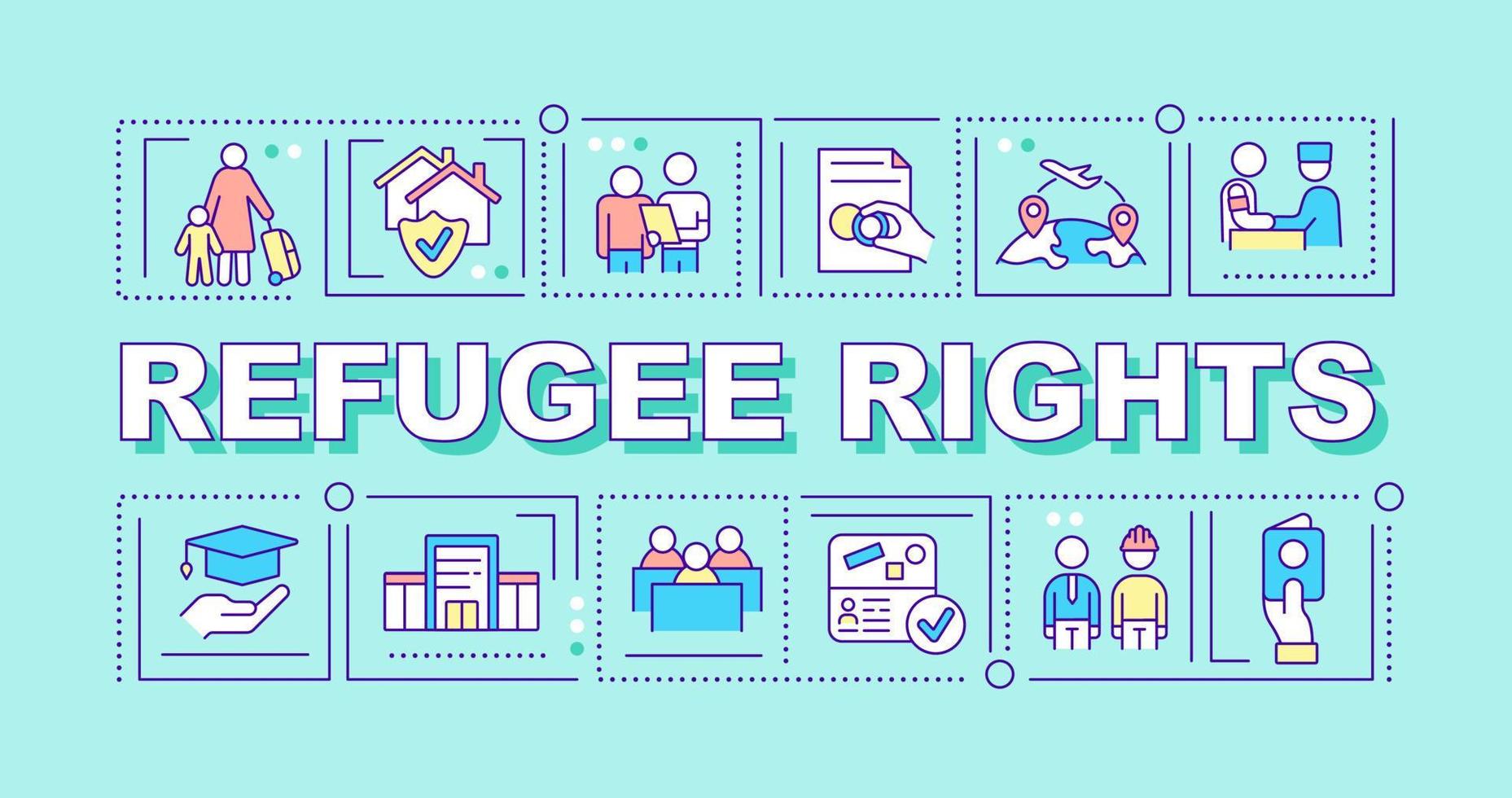 Refugee rights word concepts blue banner. International protection. Infographics with icons on color background. Isolated typography. Vector illustration with text.