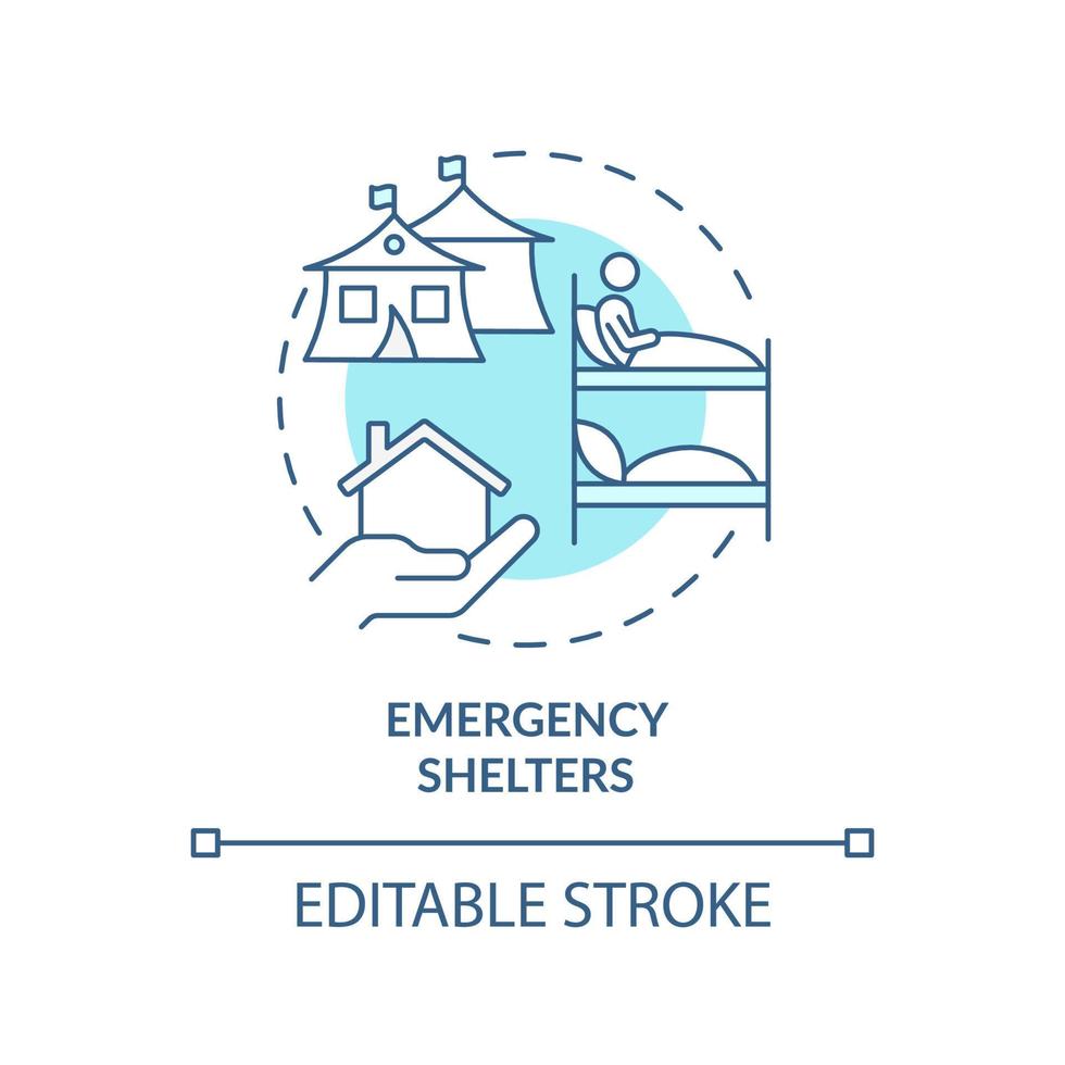 Emergency shelter turquoise concept icon. Temporary asylum. Way to help refugees abstract idea thin line illustration. Isolated outline drawing. Editable stroke. vector