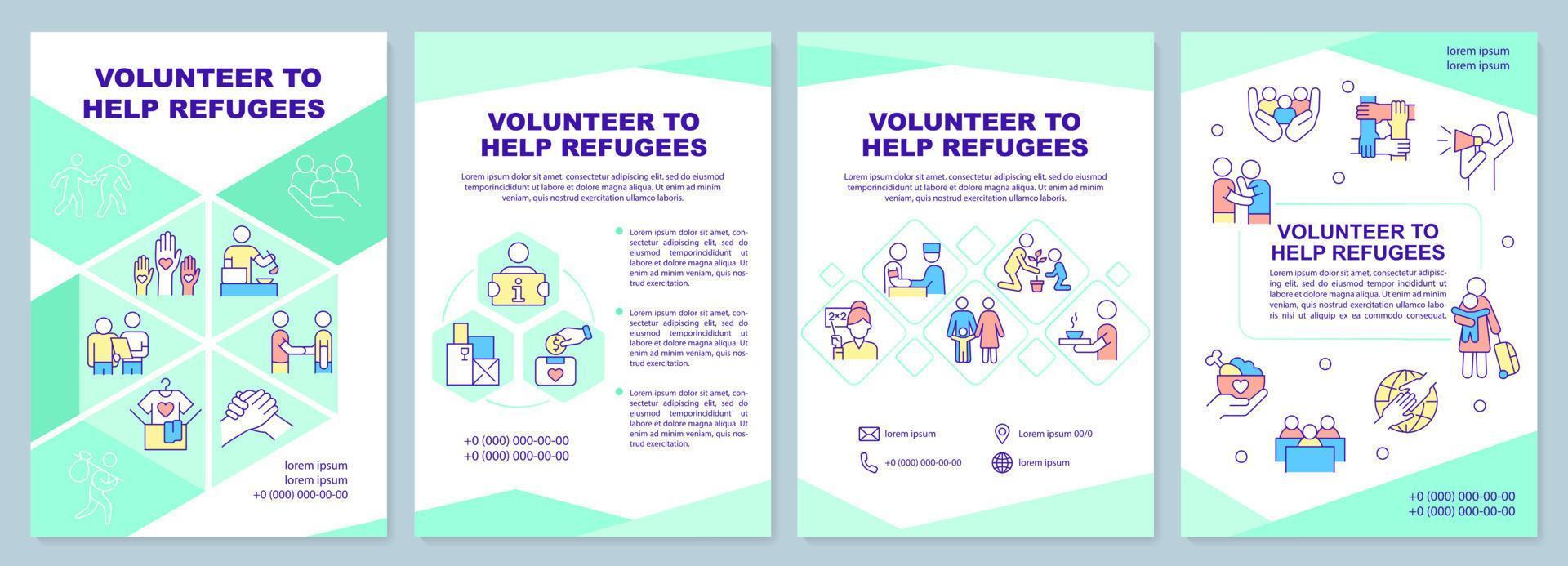 Volunteer to help refugees brochure template. Charity and care. Leaflet design with linear icons. 4 vector layouts for presentation, annual reports.