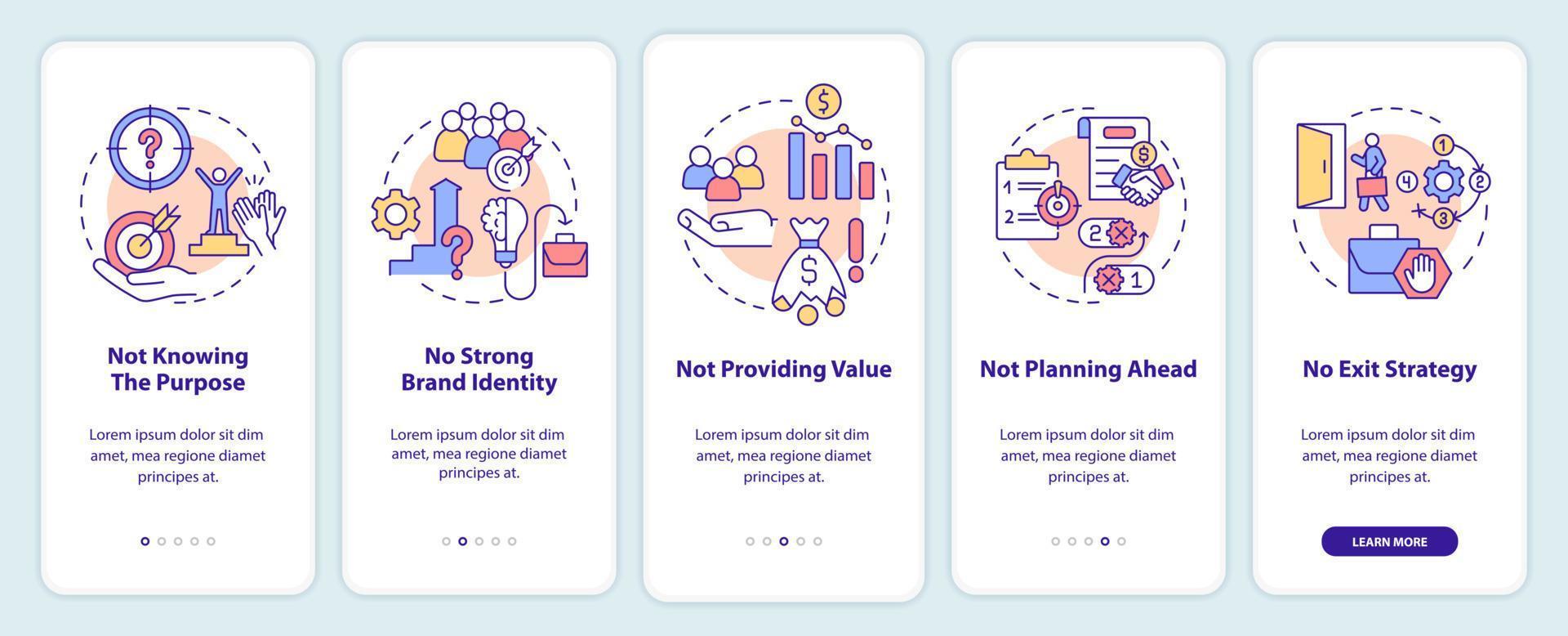 Business problems onboarding mobile app screen. Not knowing purpose walkthrough 5 steps graphic instructions pages with linear concepts. UI, UX, GUI template. vector
