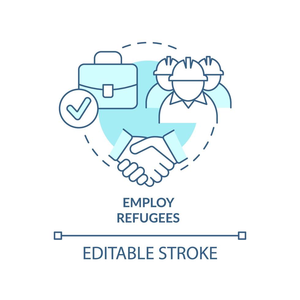 Employ refugees turquoise concept icon. Provide workplace. Helping refugees abstract idea thin line illustration. Isolated outline drawing. Editable stroke. vector