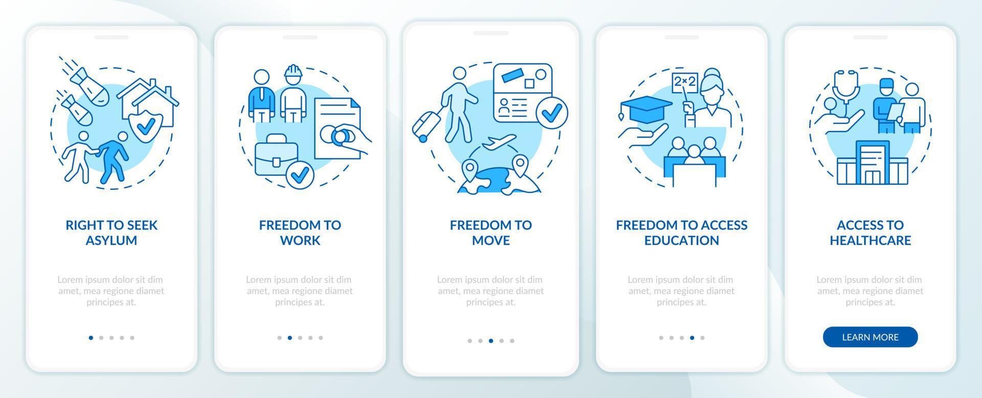 Refugee rights blue onboarding mobile app screen. Helping migrants walkthrough 5 steps graphic instructions pages with linear concepts. UI, UX, GUI template. vector