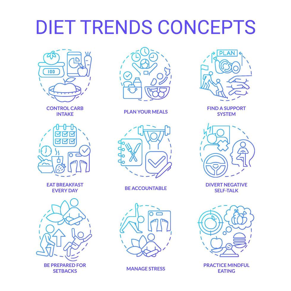 Diet trends blue gradient concept icons set. Healthy lifestyle and eating. Weight control idea thin line color illustrations. Isolated symbols. vector