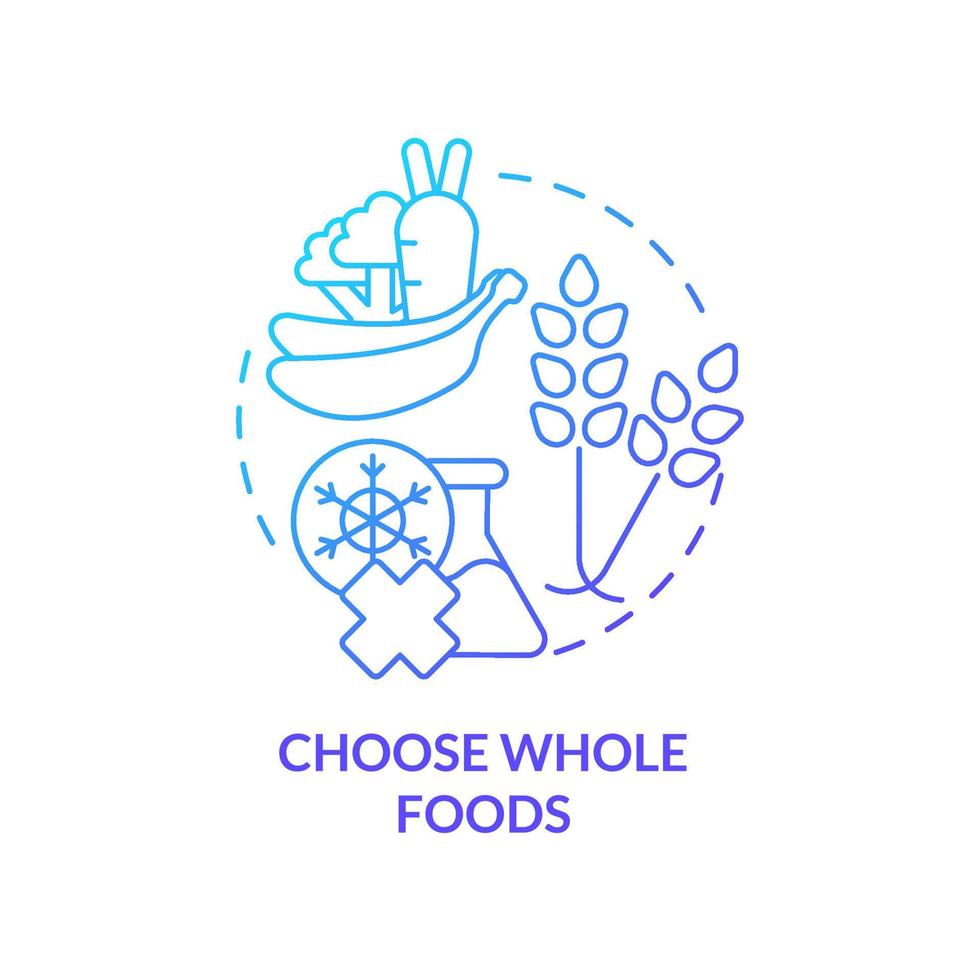 Choose whole foods blue gradient concept icon. Unprocessed food. Approaches to healthy diet abstract idea thin line illustration. Isolated outline drawing. vector