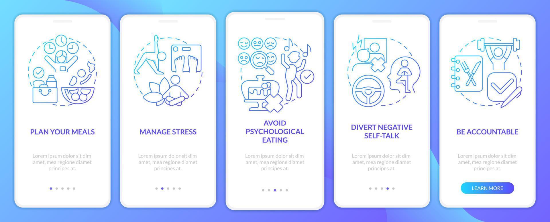 Maintain weight after diet blue gradient onboarding mobile app screen. Walkthrough 5 steps graphic instructions pages with linear concepts. UI, UX, GUI template. vector