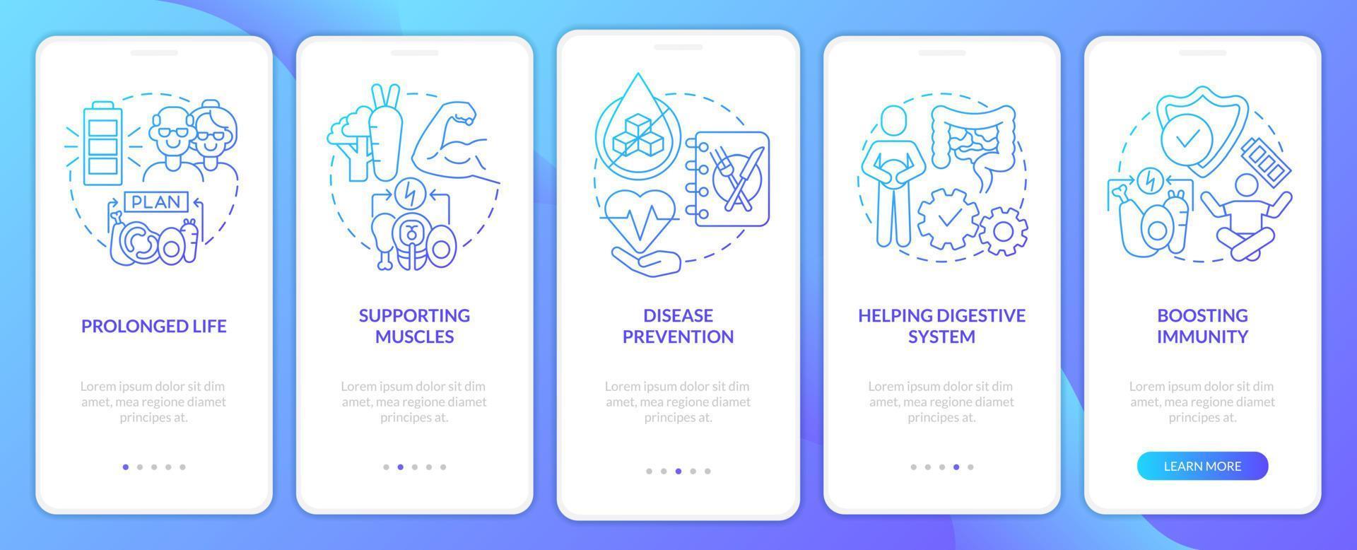 Diet advantages blue gradient onboarding mobile app screen. Walkthrough 5 steps graphic instructions pages with linear concepts. UI, UX, GUI template. vector