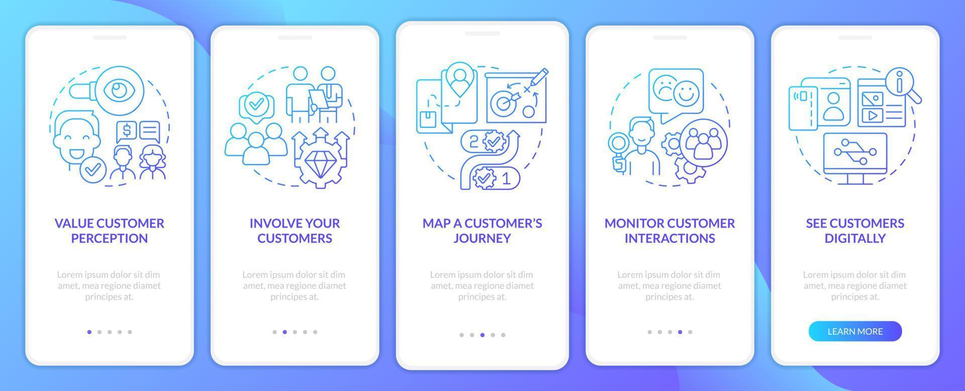 Customer-centric business blue gradient onboarding mobile app screen. Walkthrough 5 steps graphic instructions pages with linear concepts. UI, UX, GUI template. vector