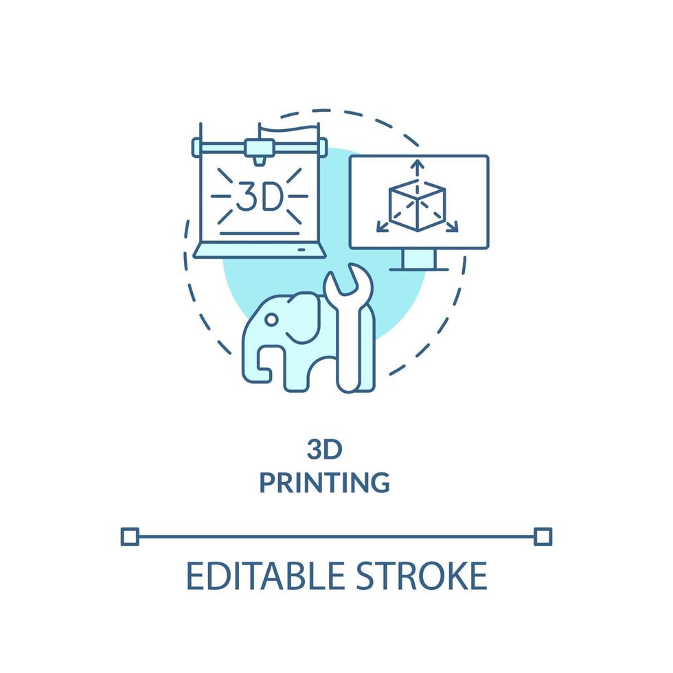 Three dimensional printing turquoise concept icon. Additive manufacturing. Subsector abstract idea thin line illustration. Isolated outline drawing. Editable stroke. vector