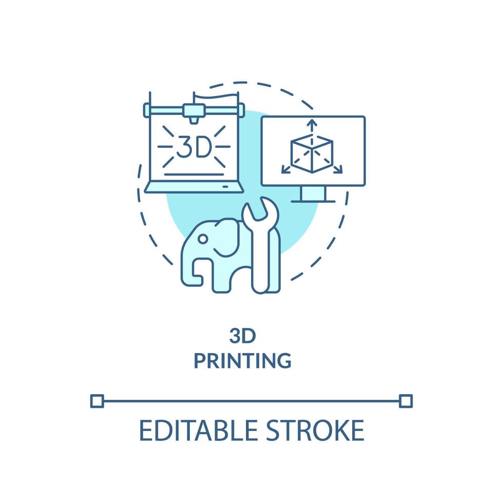 Three dimensional printing turquoise concept icon. Additive manufacturing. Subsector abstract idea thin line illustration. Isolated outline drawing. Editable stroke. vector