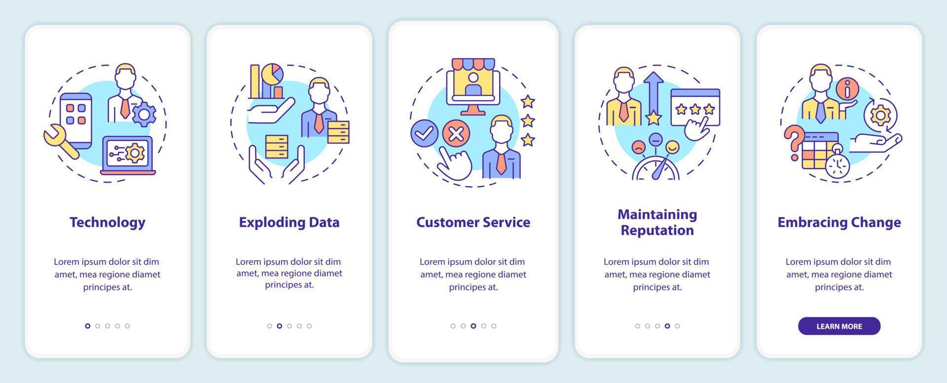 problemas comerciales al incorporar la pantalla de la aplicación móvil. tutorial de servicio al cliente páginas de instrucciones gráficas de 5 pasos con conceptos lineales. interfaz de usuario, ux, plantilla de interfaz gráfica de usuario. vector