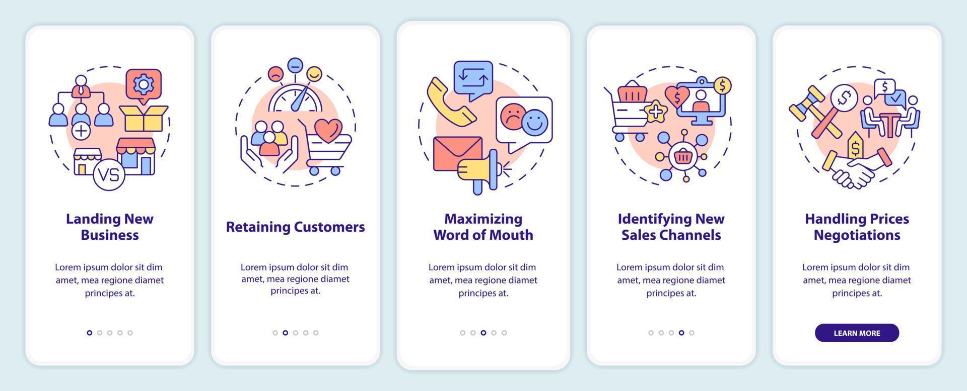 Business sales problems onboarding mobile app screen. Landing new startup walkthrough 5 steps graphic instructions pages with linear concepts. UI, UX, GUI template. vector