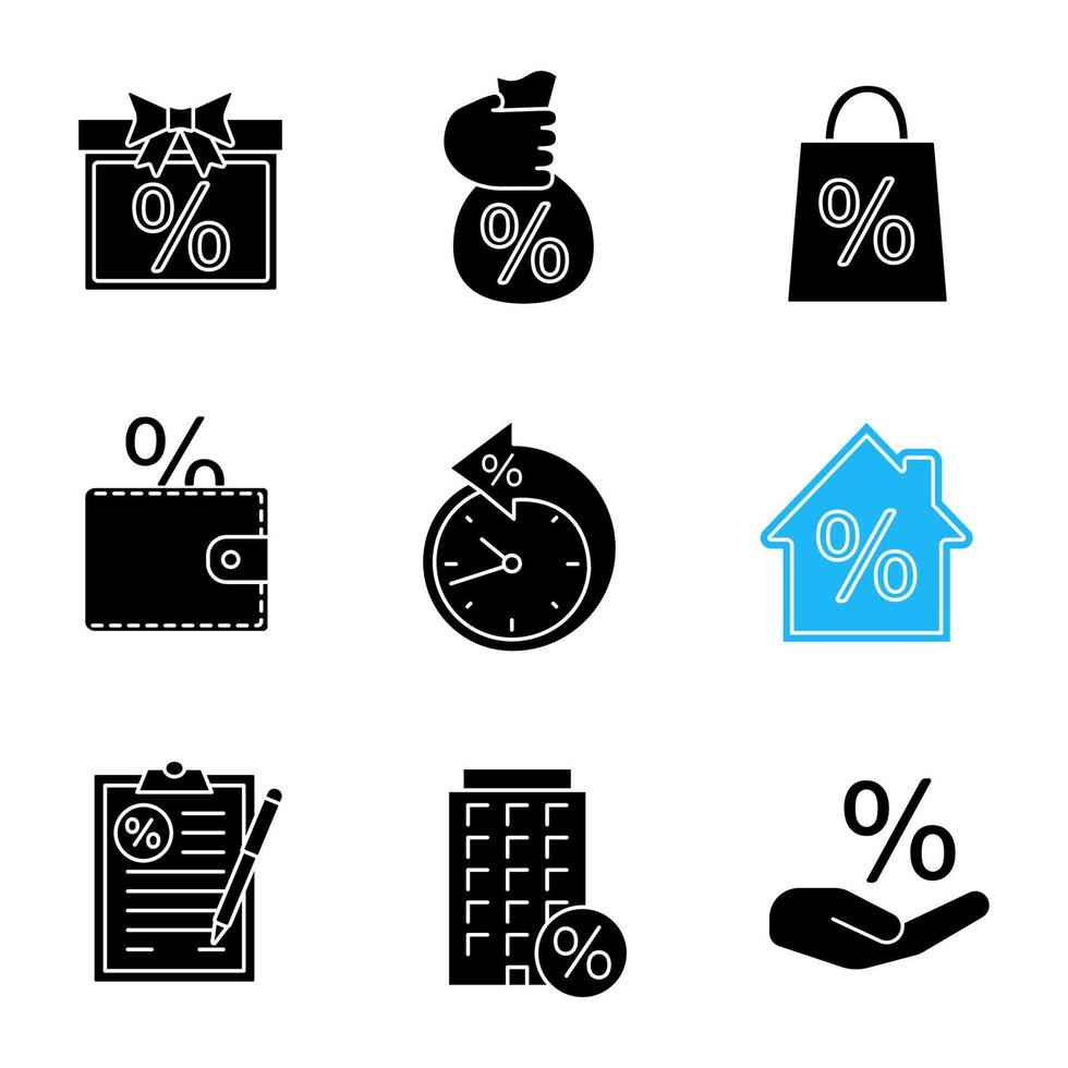 Percents glyph icons set. Discount offer, sale, saving money, payment term, mortgage, financial document, interest rate. Silhouette symbols. Vector isolated illustration