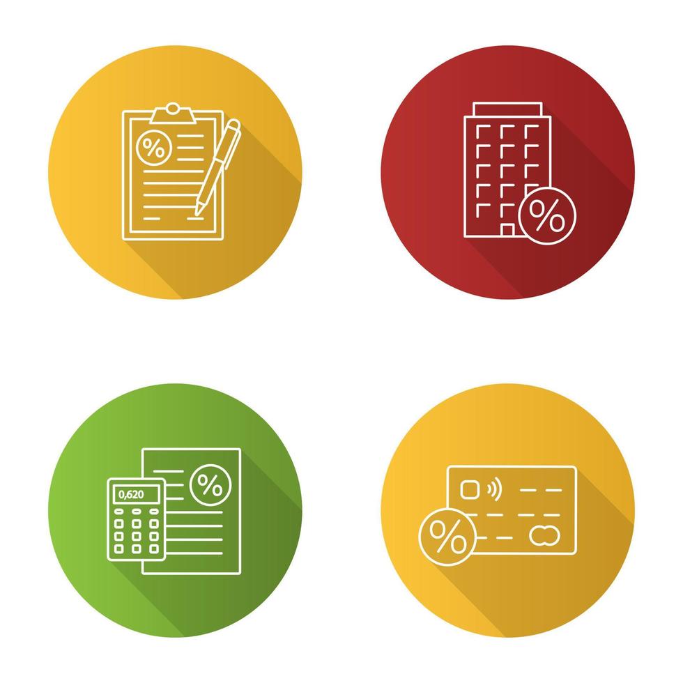 Percents flat linear long shadow icons set. Financial document, flat loan discount, percent calculator, credit card interest rate. Vector outline illustration