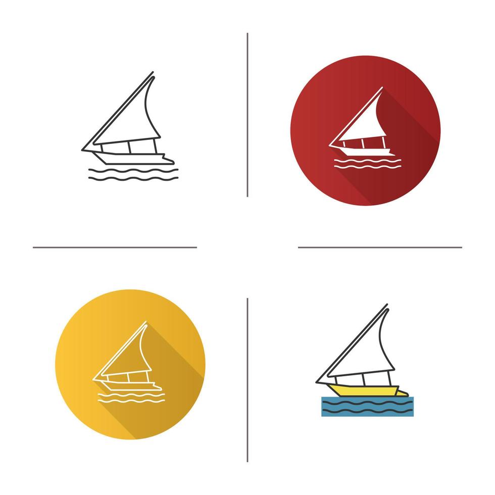 Sailing boat icon. Felucca. Yacht. Flat design, linear and color styles. Isolated vector illustrations