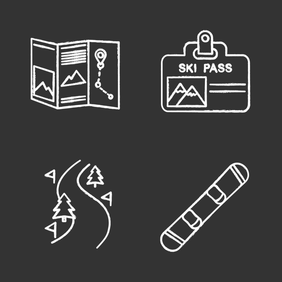 Winter activities chalk icons set. Paper map, ski pass badge, forest road, snowboard. Isolated vector chalkboard illustrations