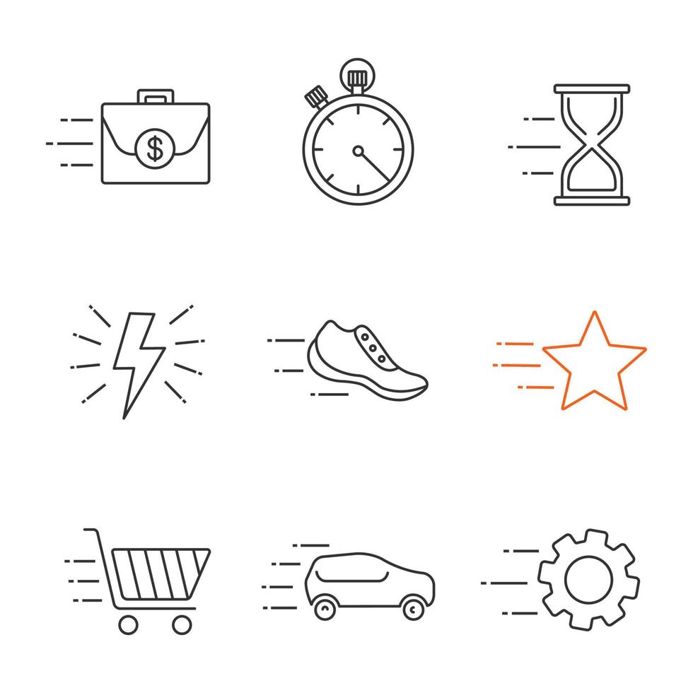Motion linear icons set. Flying briefcase, stopwatch, hourglass, sneaker, star, cogwheel, car, fast shopping, lightning bolt. Thin line contour symbols. Isolated vector outline illustrations