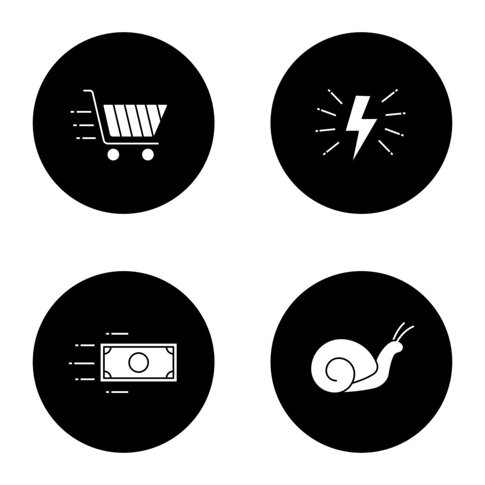 Motion glyph icons set. Speed. Lightning bolt, snail, flying paper dollar and shopping cart. Vector white silhouettes illustrations in black circles