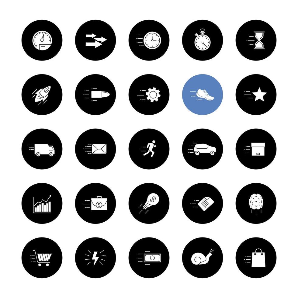 Motion glyph icons set. Speed. Flying items. Fast services. Vector white silhouettes illustrations in black circles