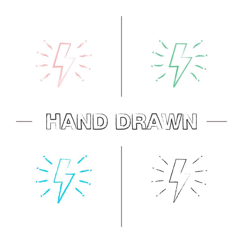 Lightning bolt hand drawn icons set. Electricity sign. Speed and power. Color brush stroke. Isolated vector sketchy illustrations