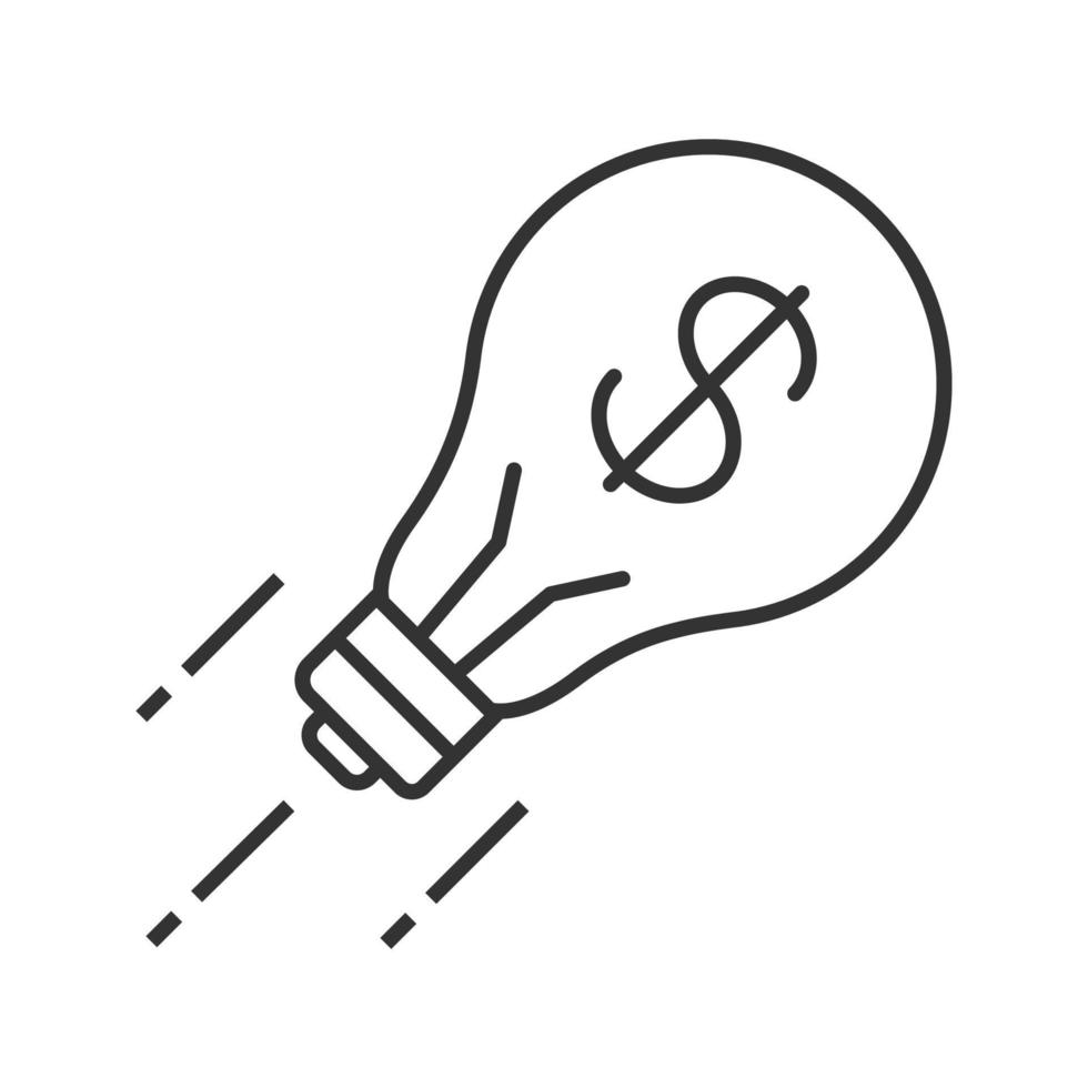 Business idea linear icon. Startup launch. Thin line illustration. Fast business start. Flying light bulb with dollar sign inside. Contour symbol. Vector isolated outline drawing