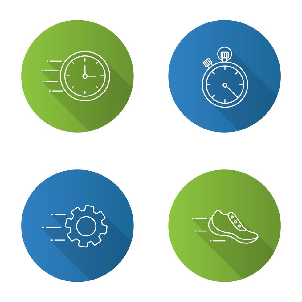Motion flat linear long shadow icons set. Speed. Flying clock, stopwatch, gear, sneaker. Vector outline illustration