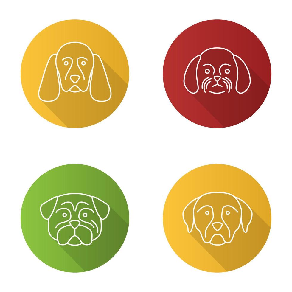 los perros engendran conjunto de iconos de sombra plana lineal larga. cocker spaniel, shih tzu, carlino, rottweiler. ilustración de contorno vectorial vector