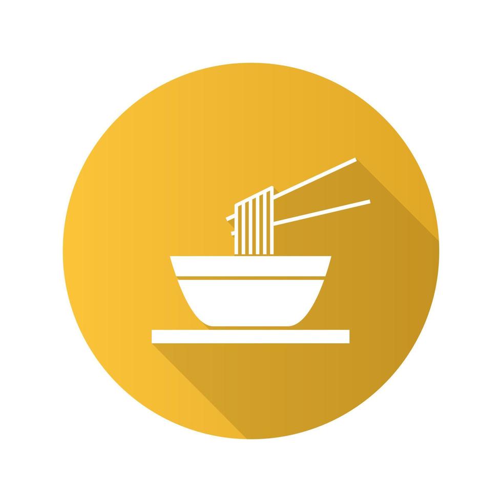 Chinese noodles with chopsticks flat design long shadow glyph icon. Ramen. Spaghetti in bowl. Vector silhouette illustration