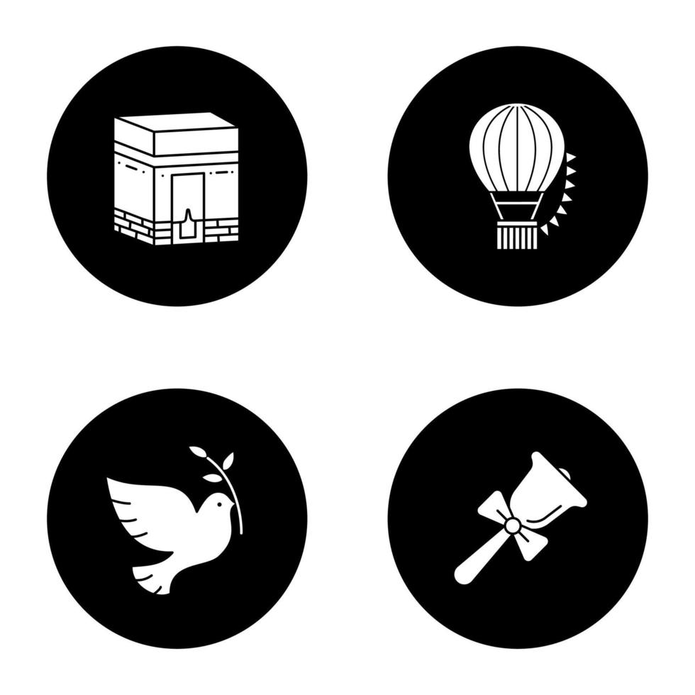 Holidays glyph icons set. Knowledge Day, Hajj, Festival of Balloons, Earth Day. Vector white silhouettes illustrations in black circles