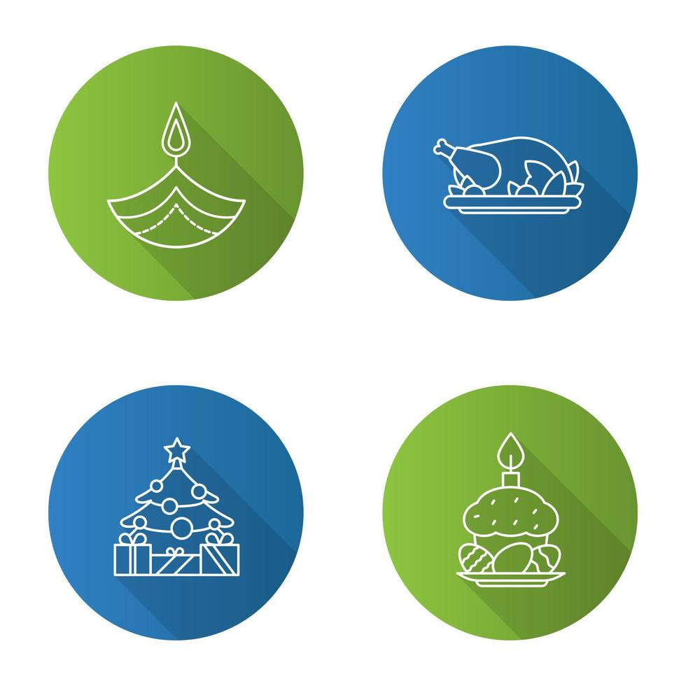 Holidays flat linear long shadow icons set. Diwali, Thanksgiving Day, New Year, Easter. Vector outline illustration