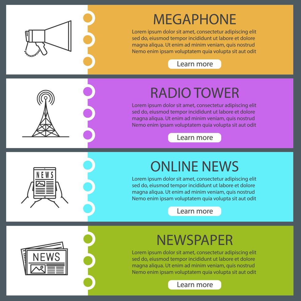 conjunto de plantillas de banner web de medios masivos. megáfono, torre de televisión o radio, noticias en línea, periódico. elementos del menú de color del sitio web con iconos lineales. conceptos de diseño de encabezados vectoriales vector