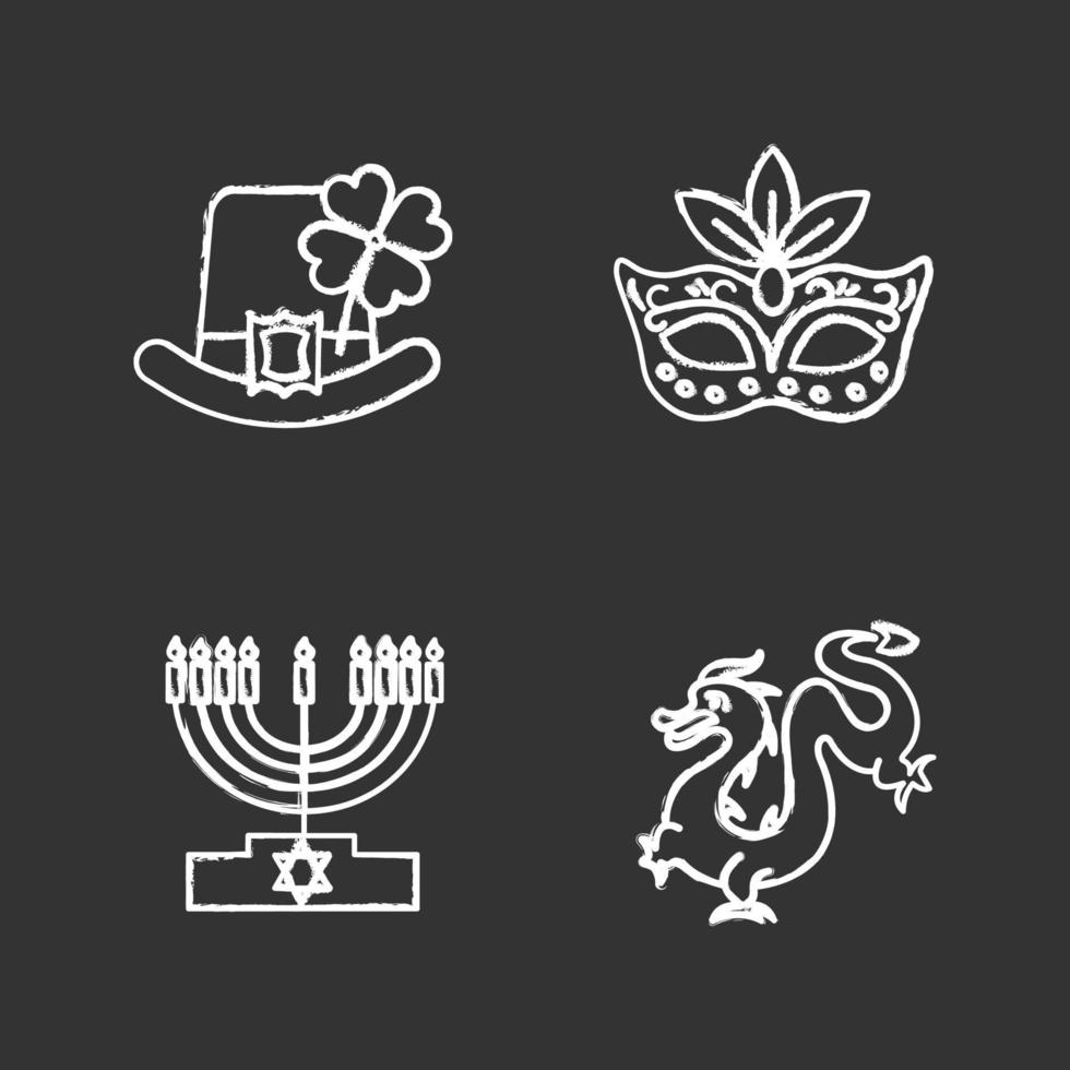 Holidays chalk icons set. St. Patrick's Day, Mardi Gras, Hanukkah, Chinese New Year. Isolated vector chalkboard illustrations