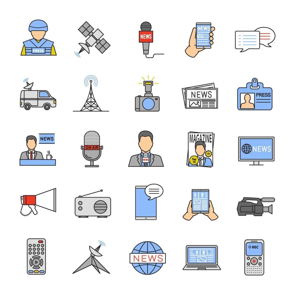 Mass media color icons set. Press. Television, radio broadcasting. Isolated vector illustrations
