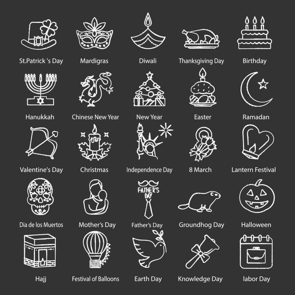 Holidays chalk icons set. Seasonal holidays of different countries. Greeting card ideas. Isolated vector chalkboard illustrations