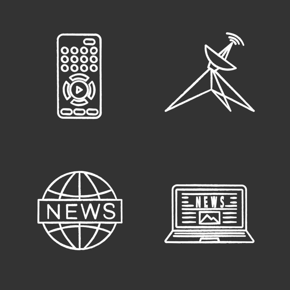Mass media chalk icons set. Press. TV remote control, satellite dish, global news, electronic newspaper. Isolated vector chalkboard illustrations