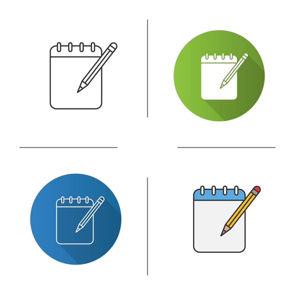 Notepad with pencil icon. Taking notes. Flat design, linear and color styles. Isolated vector illustrations