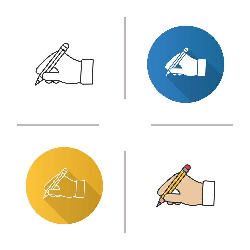 Hand holding pencil icon. Handwriting. Drawing. Taking notes. Flat design, linear and color styles. Isolated vector illustrations