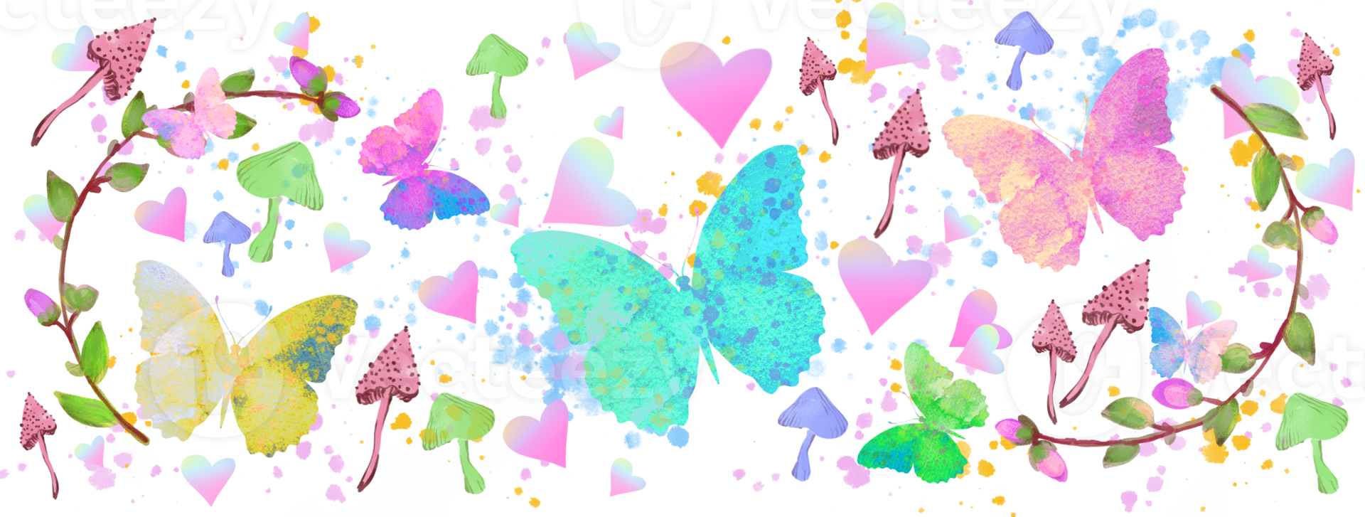 motif aquarelle, papier peint avec papillon, champignons, coeurs, fleurs. fond naturel, png