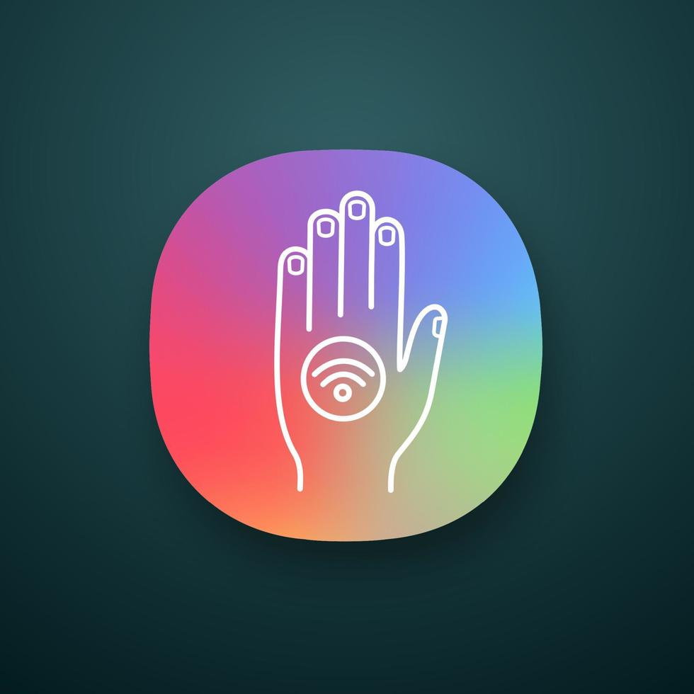 pegatina nfc en el icono de la aplicación de mano. Cerca de un campo de comunicación. pegatina rfid interfaz de usuario uiux. etiqueta nfc tecnología sin contacto. aplicación web o móvil. ilustración vectorial aislada vector
