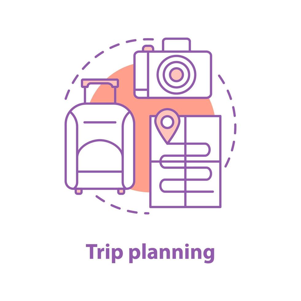 Going on trip concept icon. Travel planning idea thin line illustration. Baggage, photo camera, map. Vector isolated outline drawing