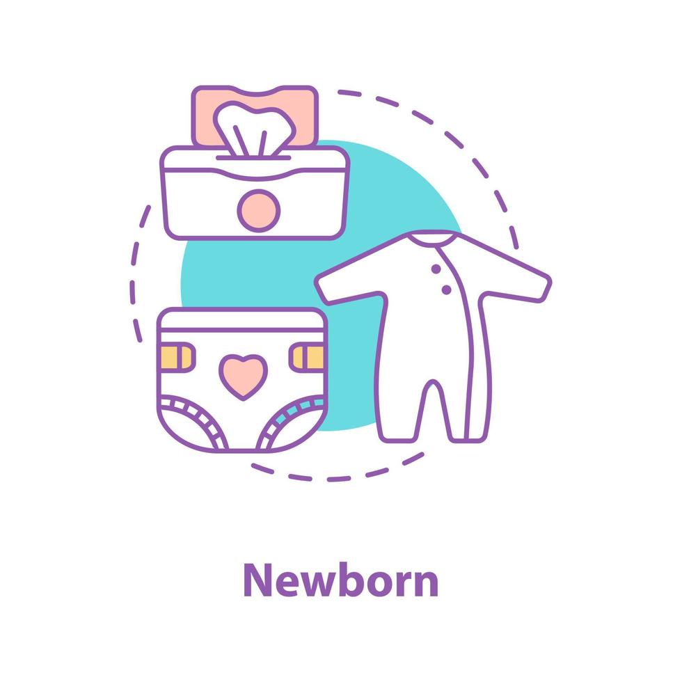 Newborn baby concept icon. Childcare equipment idea thin line illustration. Bodysuit, diaper, wet wipes. Vector isolated outline drawing