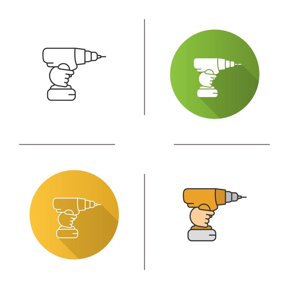 Hand holding cordless drill icon. Portable electric screwdriver. Flat design, linear and color styles. Isolated vector illustrations