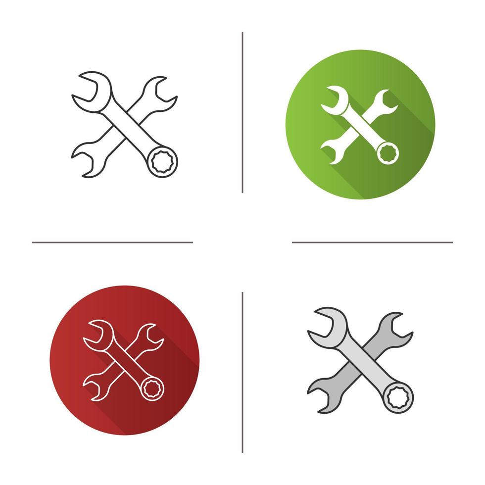 Crossed wrenches icon. Double open ended and combination spanners. Flat design, linear and color styles. Isolated vector illustrations