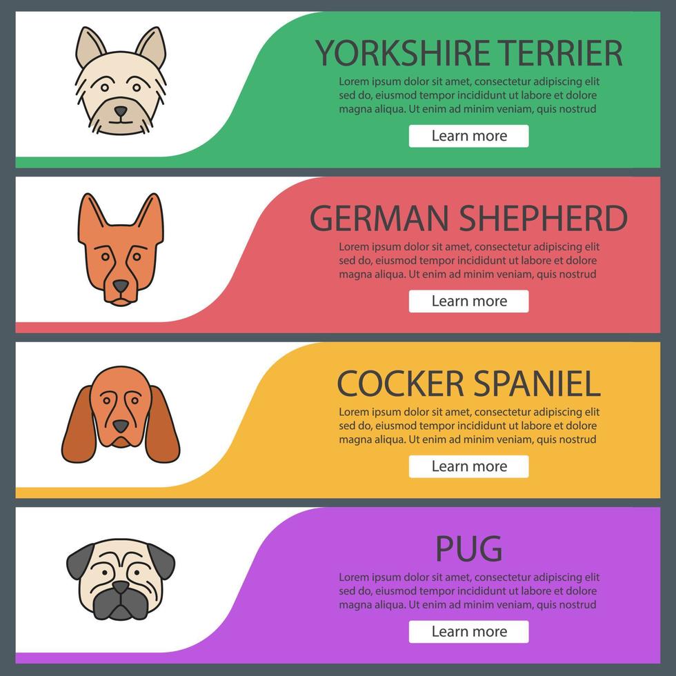 Dogs breeds web banner templates set. Website color menu items. Yorkshire Terrier, German Shrpherd, Cocker Spaniel, pug. Vector headers design concepts