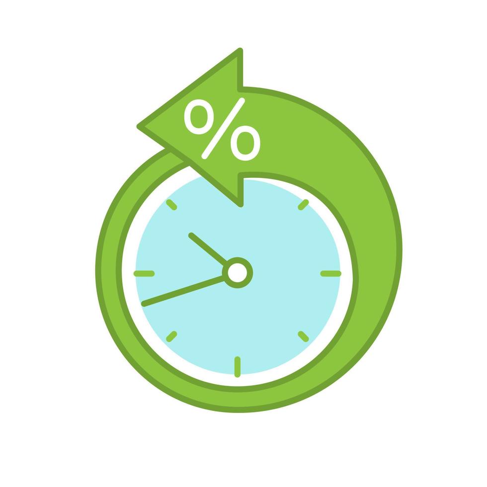 Back arrow around clock with percent color icon. Counterclockwise. Debt reschedule. Payment terms. Isolated vector illustration