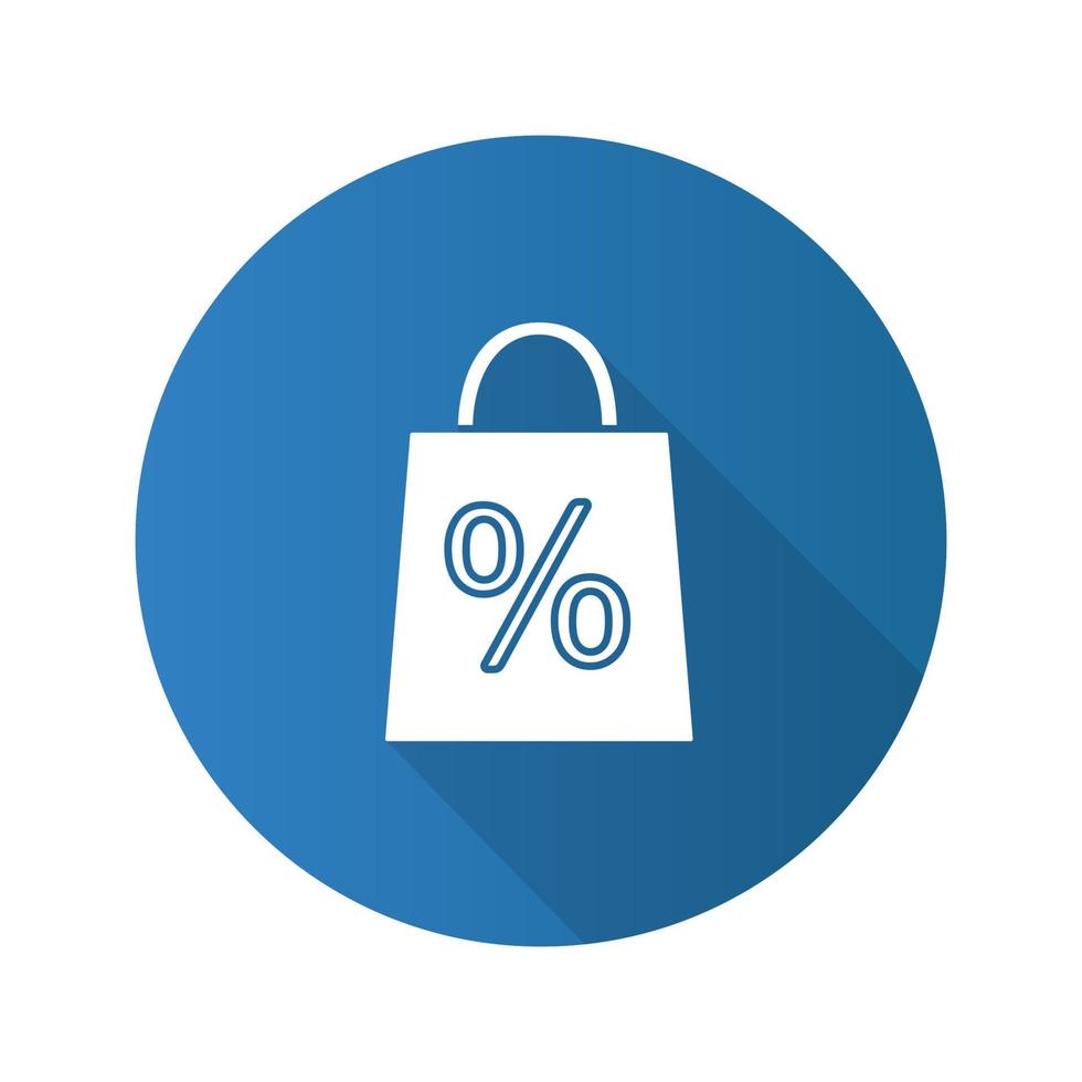 Shopping bag with percent flat design long shadow glyph icon. Discount offer. Sales percentage. Vector silhouette illustration