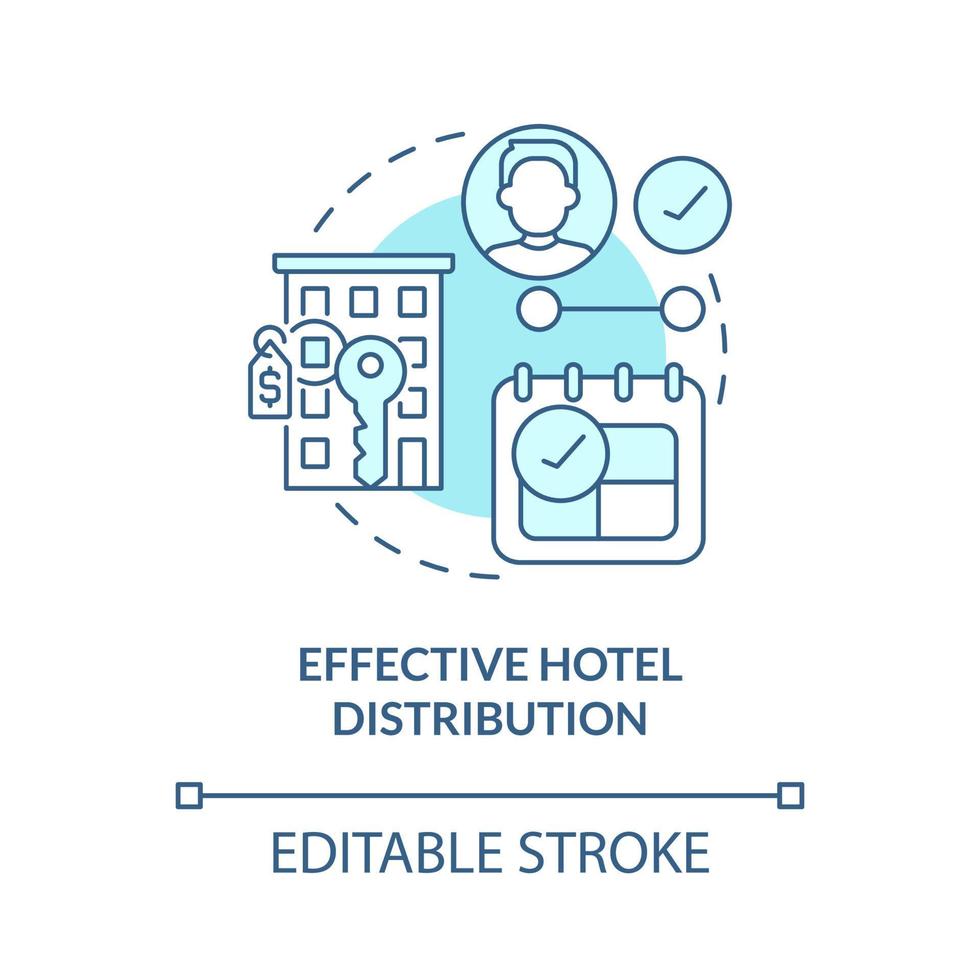 Effective hotel distribution turquoise concept icon. Property management abstract idea thin line illustration. Isolated outline drawing vector