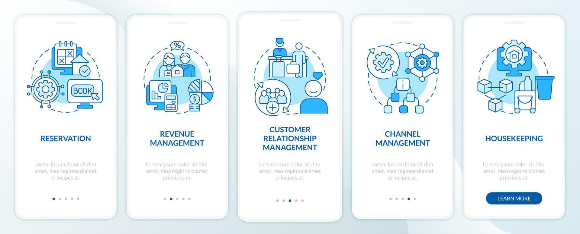 Modules of property management blue onboarding mobile app screen. Data walkthrough 5 steps graphic instructions pages with linear concepts. UI, UX, GUI template vector