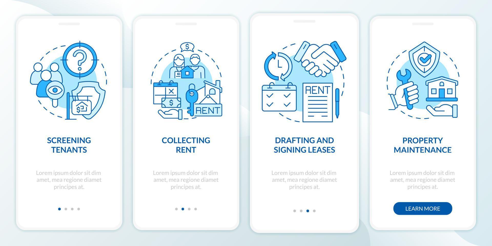 Work of property agent blue onboarding mobile app screen. Works walkthrough 4 steps graphic instructions pages with linear concepts. UI, UX, GUI template vector