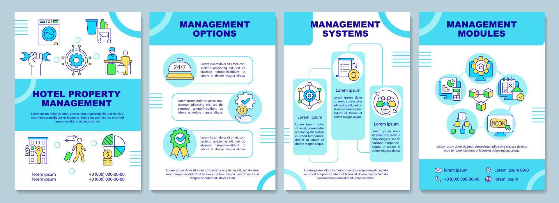 Property management in hotels blue brochure template. Booklet print design with linear icons. Vector layouts for presentation, annual reports, ads