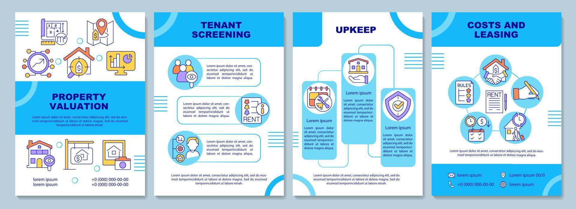 Property manager responsibilities blue brochure template. Booklet print design with linear icons. Vector layouts for presentation, annual reports, ads